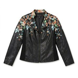 Colleen Lopez Black Faux Leather Floral Embroidered Jacket M